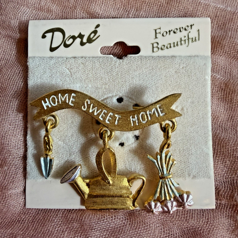 Vintage Dorรฉ Home Sweet Home Gardening Brooch Pin Watering Can Flowers NOS